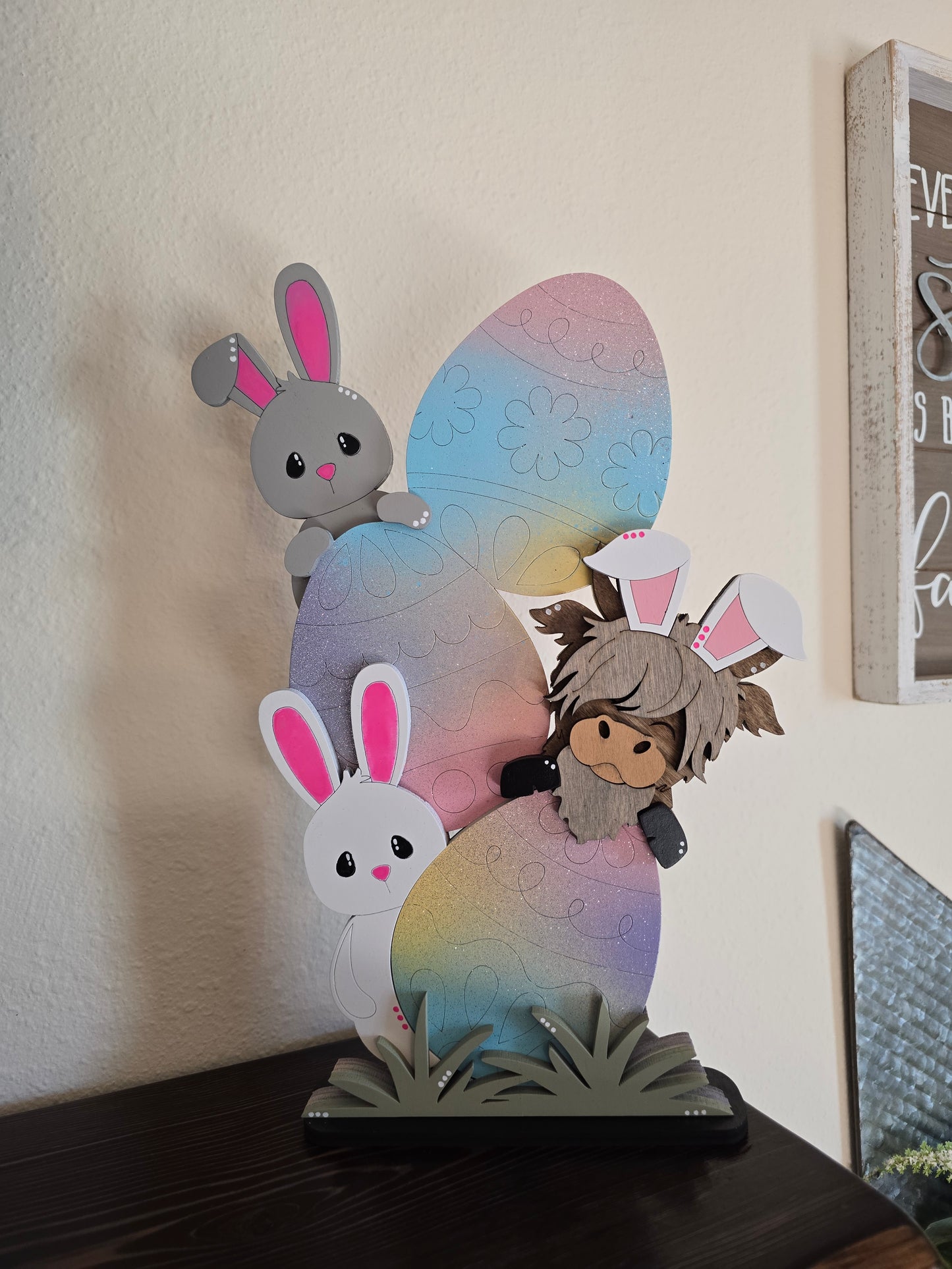 Standing Easter Highland Cow with Bunnies