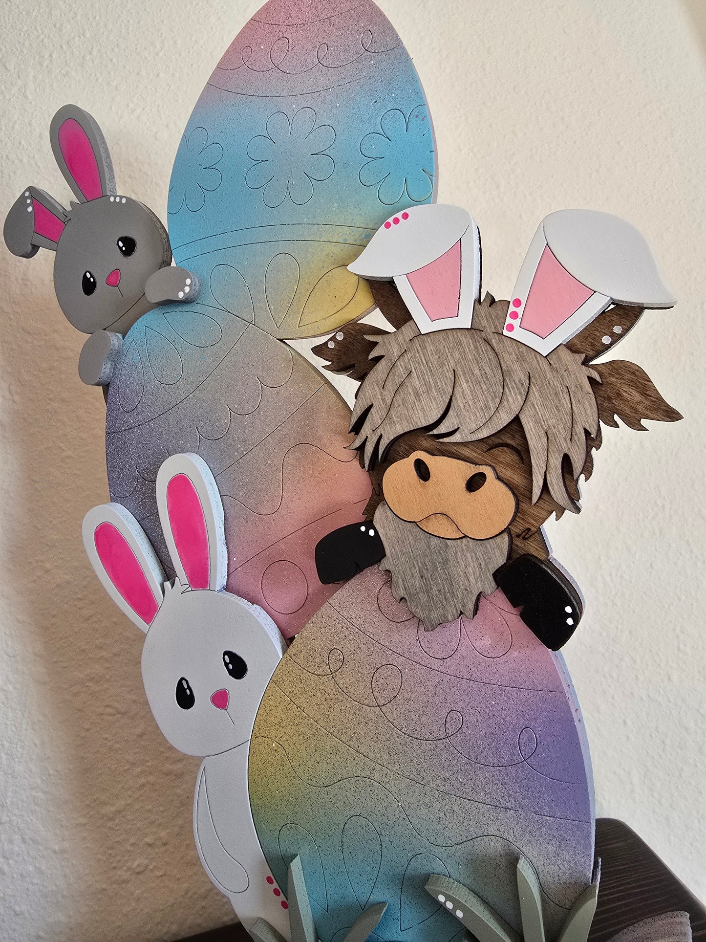 Standing Easter Highland Cow with Bunnies