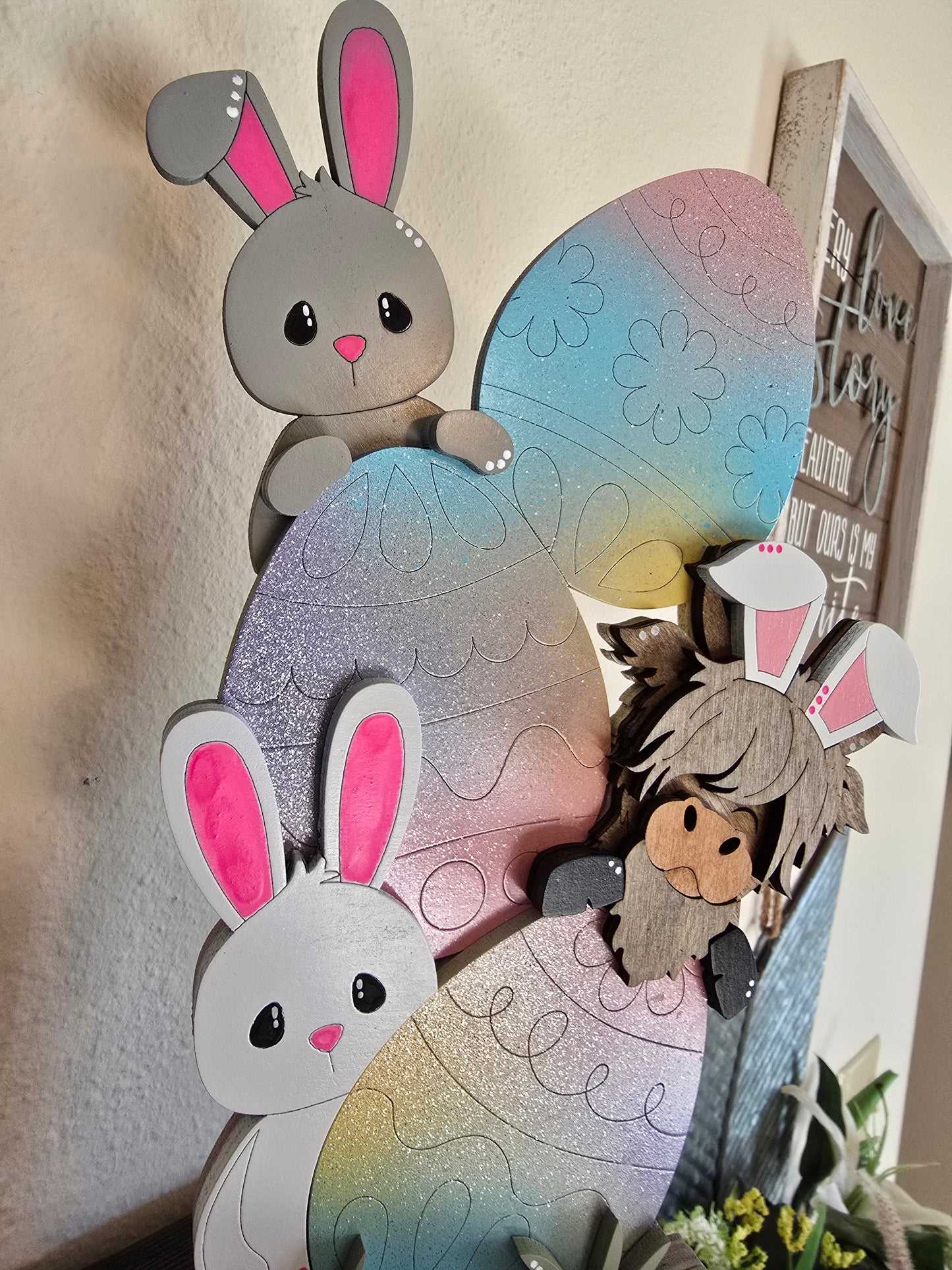 Standing Easter Highland Cow with Bunnies