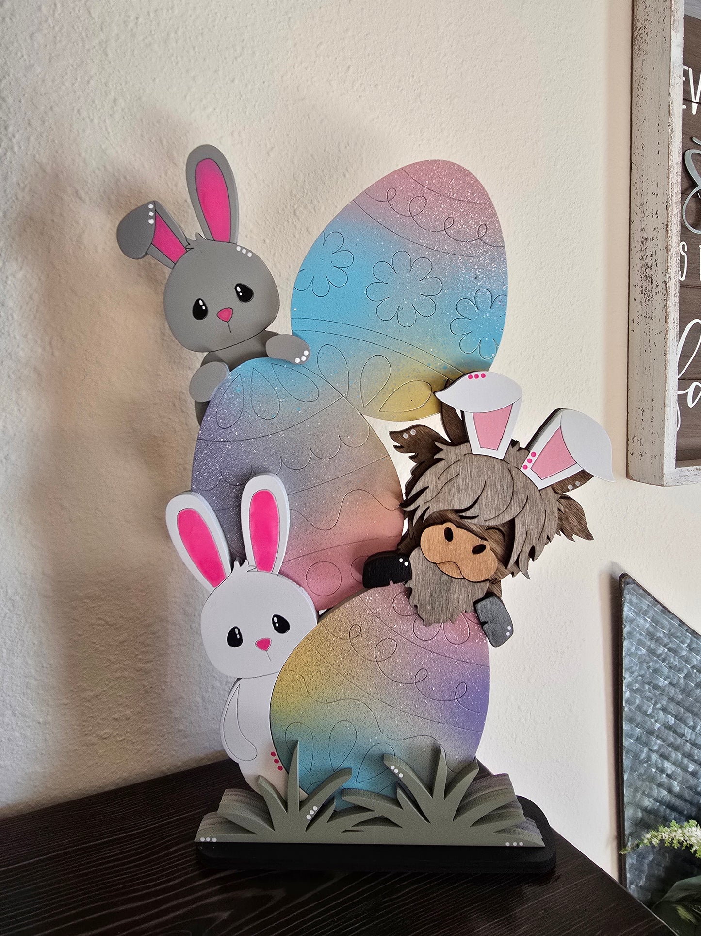 Standing Easter Highland Cow with Bunnies