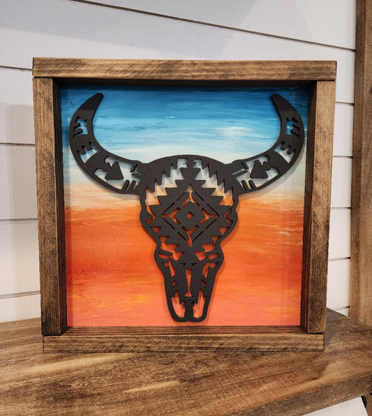 Bull Head Aztec Framed Sign